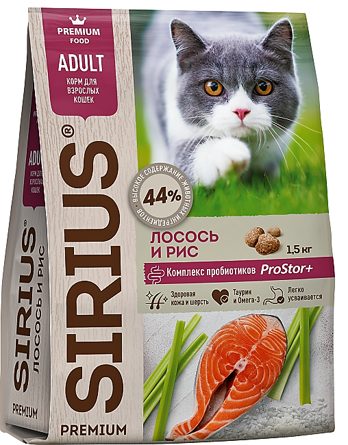 картинка SIRIUS сухой корм для взрослых кошек ЛОСОСЬ И РИС, 10 кг. от магазина ЗооПланета+